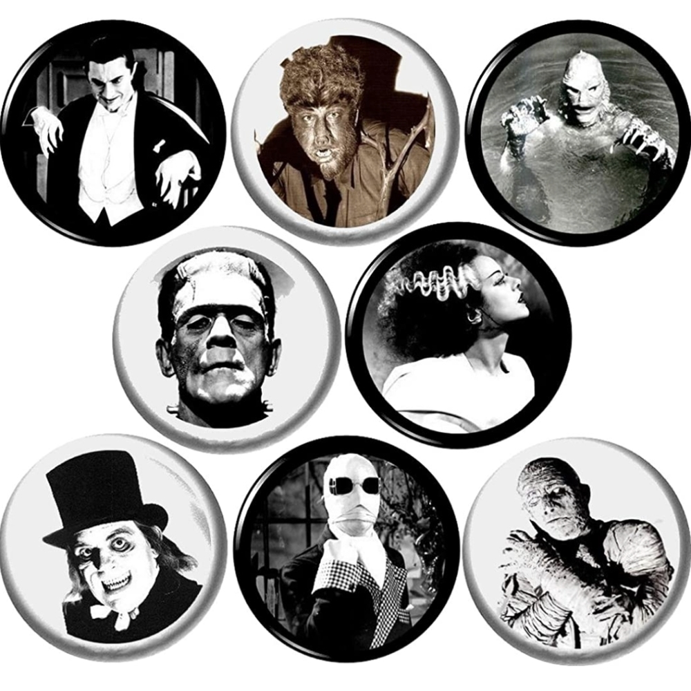 Universal Monsters Set of 8 New 1" inch (25mm) pins Buttons Badges Dracula Frank